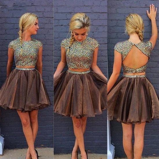 Chic Two Piece Homecoming Dress - Jewel Cap Sleeves Short Chocolate with Beading Open Back - Click Image to Close