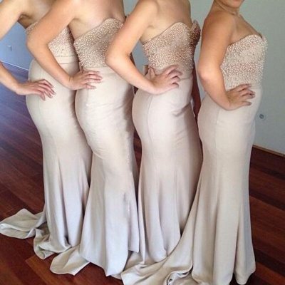 Decent Sweetheart Sheath Bridesmaid Dress - Flesh Color Sweep Train with Bowknot Pearl