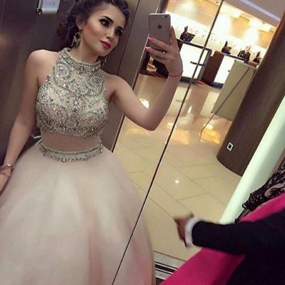Luxurious Long Prom Dress - Two Piece A-Line High Neck Sleeveless Beading