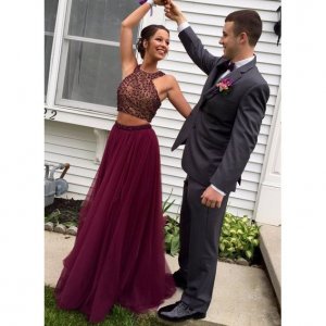 Dramatic A-Line Two Piece Halter Sleeveless Long Prom Dress with Beading