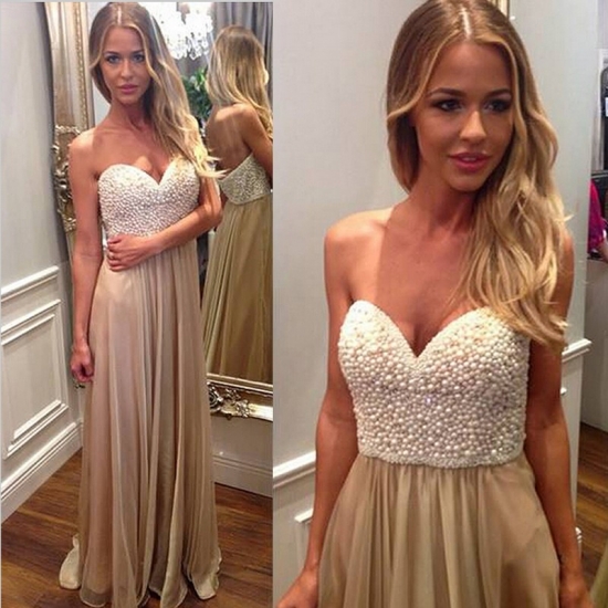Chic Light Champagne Prom Dress - Sweetheart Floor Length with Pearls - Click Image to Close