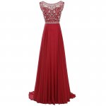 A-Line Bateau Sweep Train Pleated Beaded Prom Dress with Rhinestones