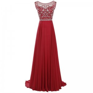 A-Line Bateau Sweep Train Pleated Beaded Prom Dress with Rhinestones