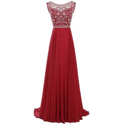 A-Line Bateau Sweep Train Pleated Beaded Prom Dress with Rhinestones