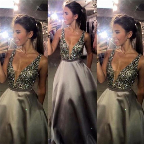 Trendy Silver Prom Dress - V Neck Floor Length Beaded with Pockets - Click Image to Close