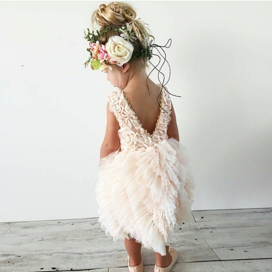 Lovely Jewel Sleeveless Knee-length Tiered Pink Flower Girl Dress - Click Image to Close