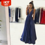 A-Line Deep V-Neck Long Dark Blue Taffeta Prom Dress with Pleats