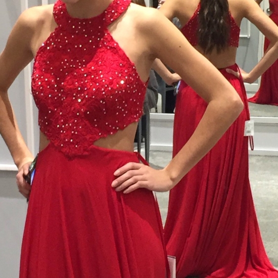 Red Sheath Lace Beading Jewel Sleeveless Sweep Train Prom Dress - Click Image to Close