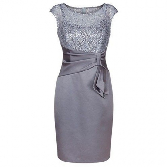 Grey Sheath Bateau Cap Sleeves Mother of The Bride Dress with Sequins - Click Image to Close