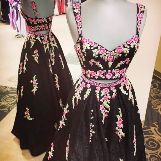 Black Two Piece Lace Straps Floor-Length Prom Dress with Appliques - Click Image to Close