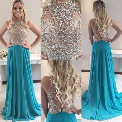 Blue Open Back Jewel Sweep Train Prom Dress with Beading