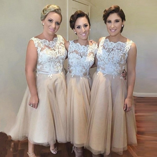 Short Champagne Bridesmaid Dress - Scalloped-Edge Knee-Length with Lace - Click Image to Close