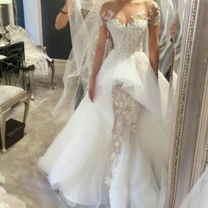A-line Jewel Short Sleeves Court Train Tulle Wedding Dress with Beading Lace