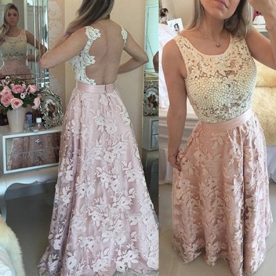 A-Line Jewel Long Illusion Back Pink Lace Prom Dress with Pearls