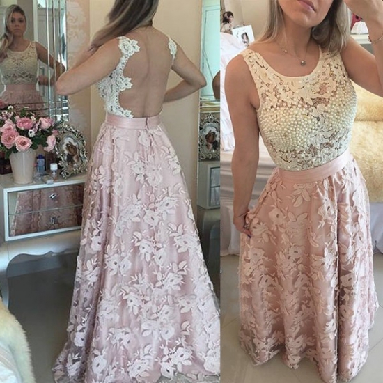A-Line Jewel Long Illusion Back Pink Lace Prom Dress with Pearls - Click Image to Close