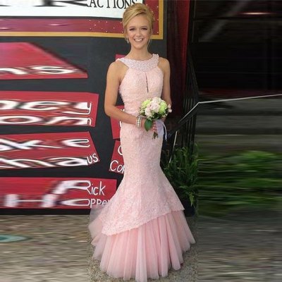 Mermaid Jewel Sweep Train Pink Tulle Prom Dress with Lace Beading Sequins