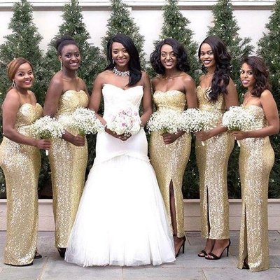 Mermaid Sweetheart Ankle-Length Gold Sequined Bridesmaid Dress with Split