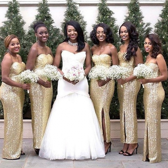 Mermaid Sweetheart Ankle-Length Gold Sequined Bridesmaid Dress with Split - Click Image to Close