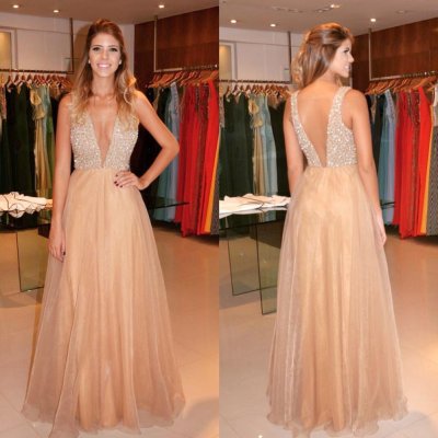 A-Line V-Neck Illusion Back Champagne Chiffon Prom Dress with Beading