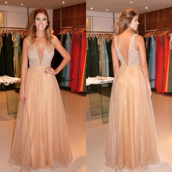 A-Line V-Neck Illusion Back Champagne Chiffon Prom Dress with Beading - Click Image to Close