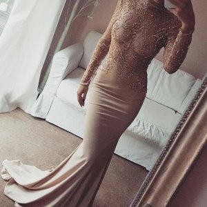 Mermaid Round Neck Long Sleeves Light Grey Prom Dress with Beading Open Back