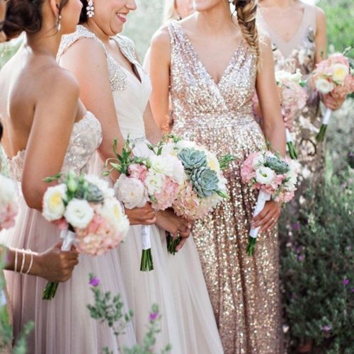 A-Line Deep V-Neck Floor-Length Champagne Sequined Bridesmaid Dress