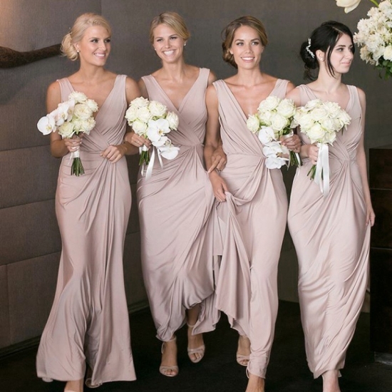 Sheath Deep V-Neck Floor-Length Blush Elastic Satin Bridesmaid Dress - Click Image to Close
