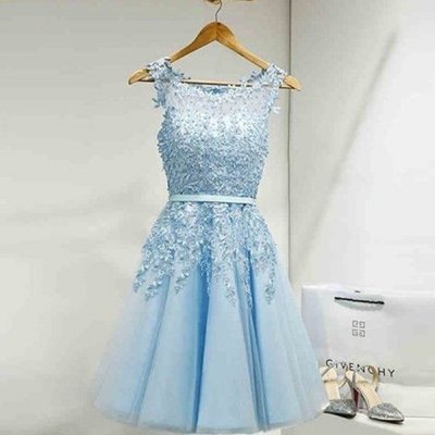 A-Line Bateau Short Blue Tulle Homecoming Dress with Sash Appliques