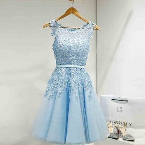 A-Line Bateau Short Blue Tulle Homecoming Dress with Sash Appliques - Click Image to Close