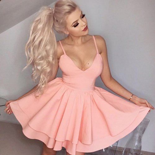 A-Line Spaghetti Straps Short Tiered Pink Satin Homecoming Cocktail Dress