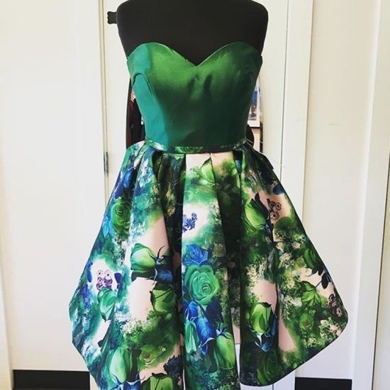 A-Line Sweetheart Sleeveless Short Dark Green Floral Homecoming Dress - Click Image to Close