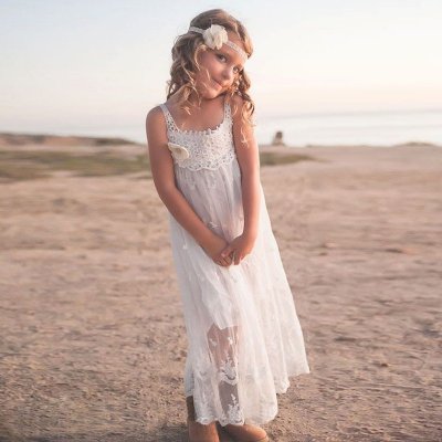A-Line Square Tea-Length White Flower Girl Dress with Lace Appliques Flowers
