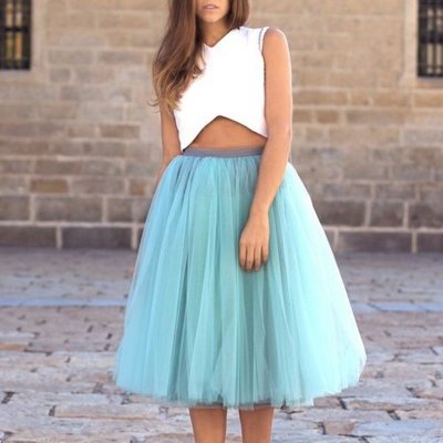 Two Piece V-Neck Mid-Calf Blue Tulle Homecoming Dress
