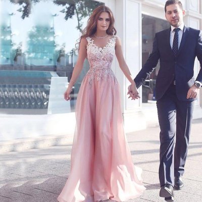 A-Line Illusion Bateau Floor-Length Pink Chiffon Prom Dress with Appliques