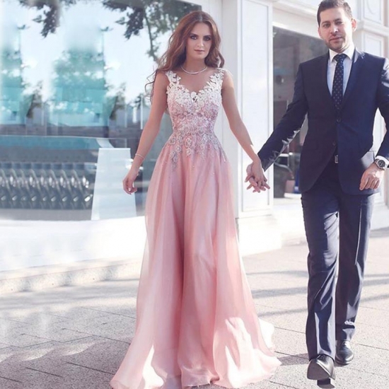A-Line Illusion Bateau Floor-Length Pink Chiffon Prom Dress with Appliques - Click Image to Close