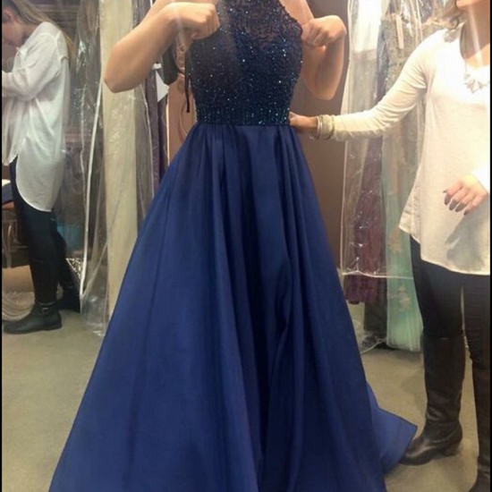 A-Line Halter Backless Dark Blue Satin Prom Dress with Beading Pockets - Click Image to Close