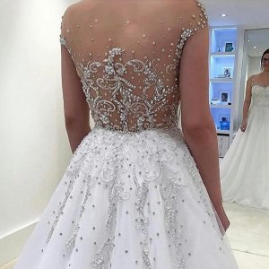 A-Line Illusion Bateau Cap Sleeves Wedding Dress with Beading Pearls