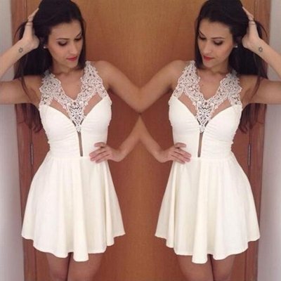 A-Line V-neck Short White Chiffon Homecoming Dress with Lace