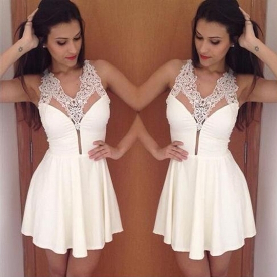 A-Line V-neck Short White Chiffon Homecoming Dress with Lace - Click Image to Close