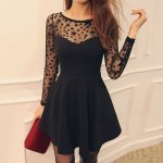 A-Line Bateau Long Sleeves Satin Little Black Dress with Lace