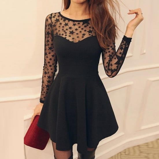A-Line Bateau Long Sleeves Satin Little Black Dress with Lace - Click Image to Close