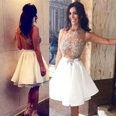 A-Line See Through Jewel Short Satin Homecoming Dress with Beading Appliques