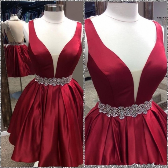 A-Line V-Neck See Through Back Burgundy Satin Homecoming Dress with Beading - Click Image to Close