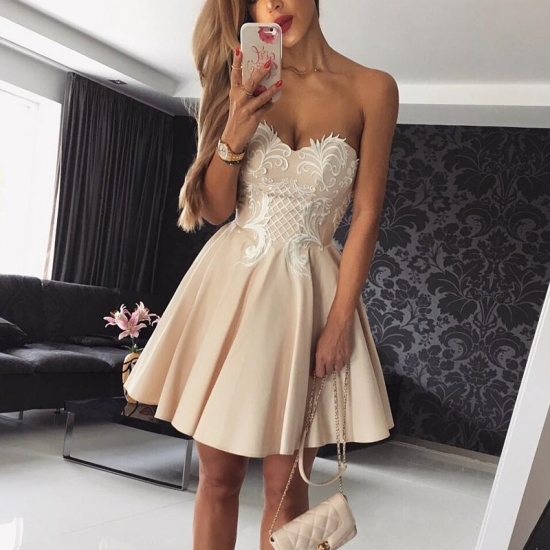 A-Line Sweetheart Short Beige Satin Homecoming Dress with Appliques - Click Image to Close