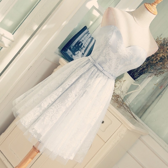 A-Line Sweetheart Short Blue Lace Homecoming Dress with Sash - Click Image to Close