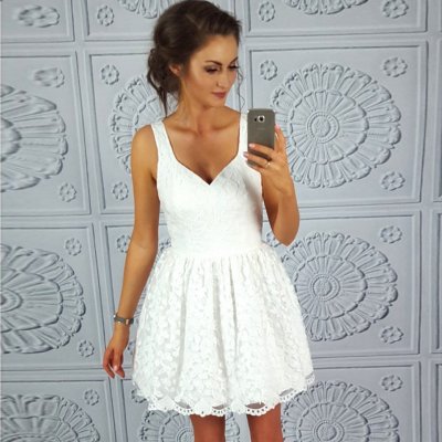A-Line Scoop Short White Lace Homecoming Dress
