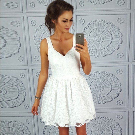 A-Line Scoop Short White Lace Homecoming Dress - Click Image to Close