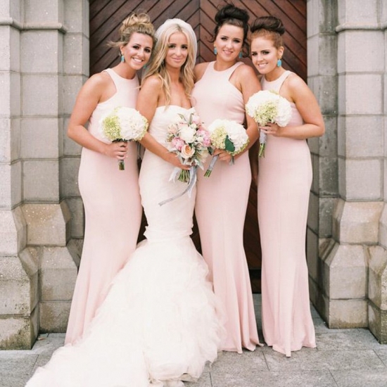 Sheath Jewel Floor-Length Pearl Pink Elastic Satin Bridesmaid Dress - Click Image to Close