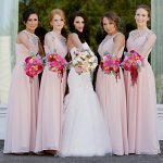 A-Line Round Neck Floor-Length Pearl Pink Chiffon Bridesmaid Dress with Lace