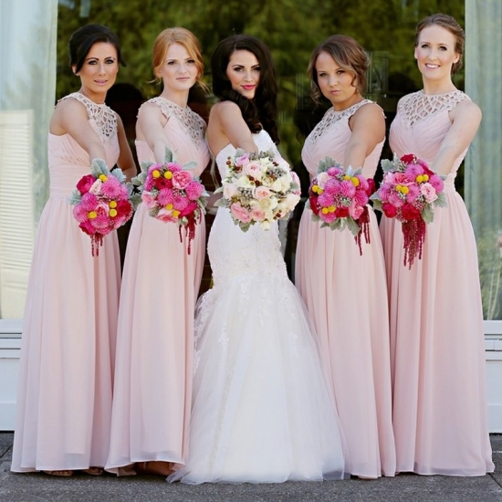 A-Line Round Neck Floor-Length Pearl Pink Chiffon Bridesmaid Dress with Lace - Click Image to Close